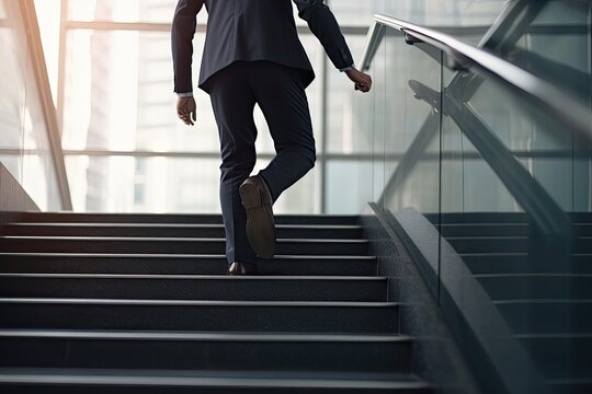 Close up young businessman feet sprinting up stairs office middle image