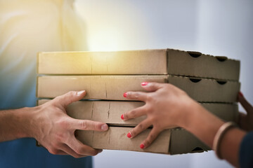 Ecommerce, delivery man with pizza box and woman hands for collection at her home. Online shopping exchange or courier logistics, shipping box and male person dropping food for female customer