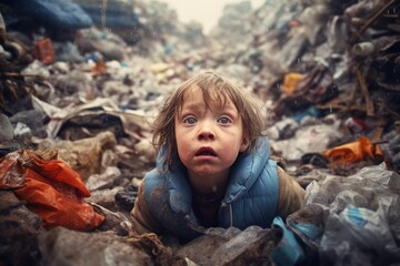 Obraz premium The child drowning in the heap of assorted plastic waste, ai tools generated image