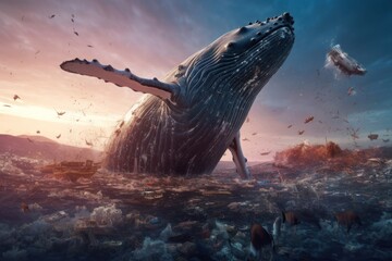 huge whale jumping out of an incredibly plastic-polluted sea, ai tools generated image