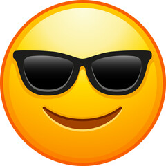 Top quality emoticon. Cool emoticon. Smiling face with sunglasses emoji. Happy smile person wearing dark glasses. Yellow face emoji. Popular element. Detailed emoji icon from the Telegram app.