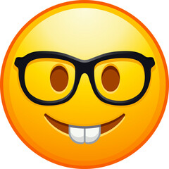 Top quality emoticon. Nerd emoji. Emoticon with transparent glasses, funny yellow face with black-rimmed eyeglasses. Detailed emoji icon from the Telegram app.