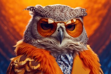 Stylish portrait of dressed up imposing anthropomorphic handsome owl wearing glasses and suit on vibrant orange background with copy space. Funny pop art illustration. AI generative image.