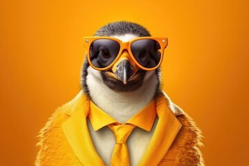 Stylish portrait of dressed up imposing anthropomorphic penguin wearing glasses and suit on vibrant orange background with copy space. Funny pop art illustration. AI generative image. - obrazy, fototapety, plakaty