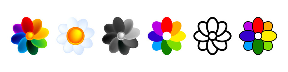 Beautiful flower logo. Abstract colored flowers icons for design. Decoration for sites and applications. Vector illustration isolated on background.