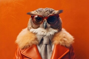Stylish portrait of dressed up imposing anthropomorphic handsome owl wearing glasses and suit on vibrant orange background with copy space. Funny pop art illustration. AI generative image.