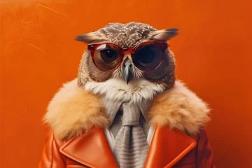 Rolgordijnen Stylish portrait of dressed up imposing anthropomorphic handsome owl wearing glasses and suit on vibrant orange background with copy space. Funny pop art illustration. AI generative image. © vlntn