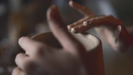 Concept of handcraft therapy, ceramics and creativity. Macro or close up shot of female hands sculpting a clay pot on pottery wheel. Woman creating a pice of kitchenware. - Powered by Adobe