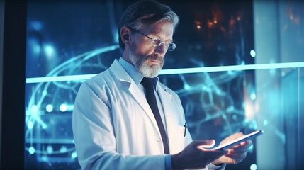 Obraz premium A man in a lab coat holds a lancet on a blue background. Generative AI.