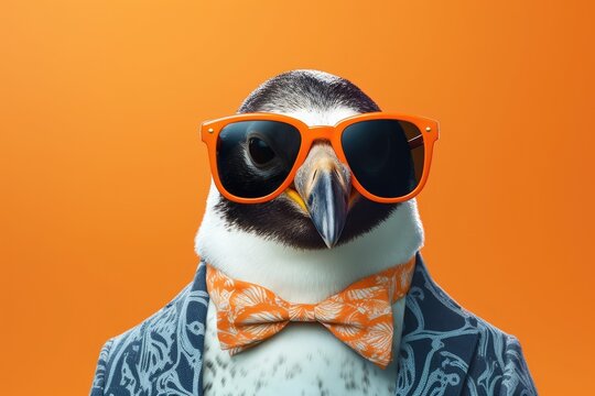 Stylish portrait of dressed up imposing anthropomorphic penguin wearing glasses and suit on vibrant orange background with copy space. Funny pop art illustration. AI generative image.