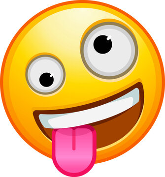 Top quality emoticon. Zany emoji. Goofy emoticon with crazy eyes and tongue out. Yellow face emoji. Popular element. Detailed emoji icon from the Telegram app.