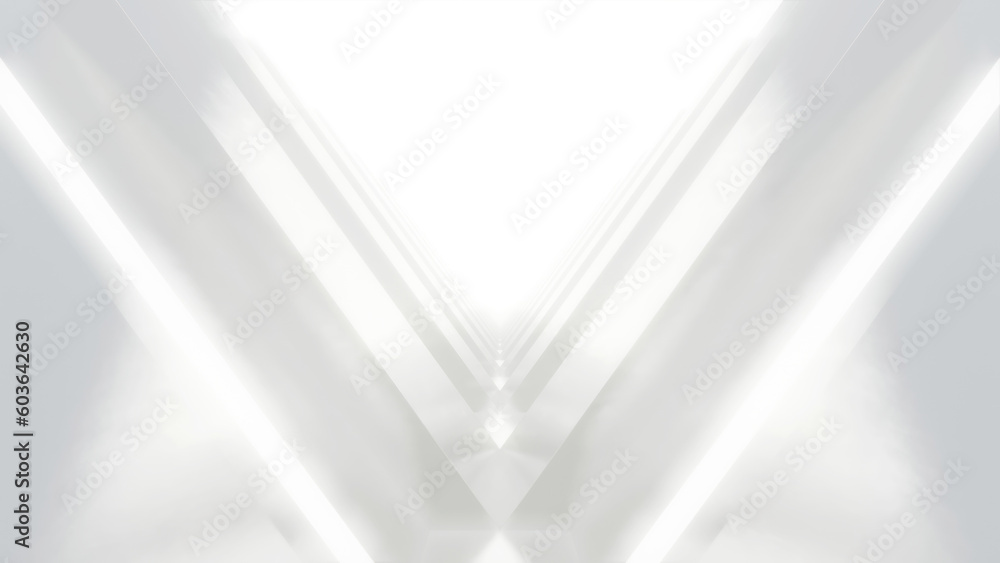 Poster 3d rendering of abstract white futuristic triangle tunnel architecture, loop animation.