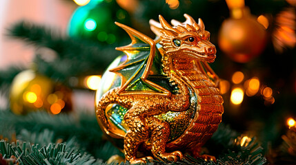Fototapeta premium A gold dragon figurine sits on a christmas tree. Generative AI.