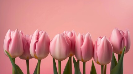 Bouquet of pink tulips on pastel pink background with copy space. Generative AI.