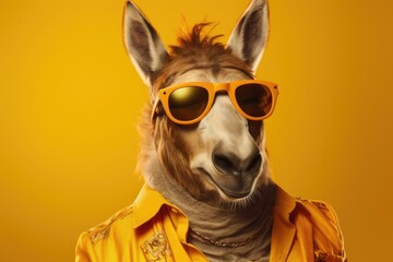 Stylish portrait of dressed up imposing anthropomorphic donkey wearing glasses and suit on vibrant orange background with copy space. Funny pop art illustration. AI generative image.