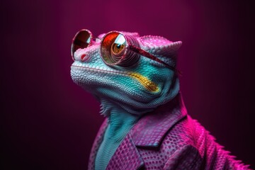 Stylish portrait of dressed up imposing anthropomorphic chameleon wearing glasses and suit on vibrant pink background with copy space. Funny pop art illustration. AI generative image.