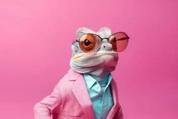 Fotobehang Stylish portrait of dressed up imposing anthropomorphic chameleon wearing glasses and suit on vibrant pink background with copy space. Funny pop art illustration. AI generative image. © vlntn