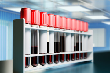 Test tubes with blood. Blood group analysis. Plastic flasks in clinic. Medical equipment for blood testing. Human genetic test. Concept checks of analyzes before donation. Template, mock up. 3d image
