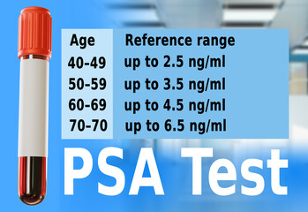 PSA text. Flask with blood. Cancer analysis. Infographic with PSA test logo. Hematological analysis patient. Blood cancer patient in test tube. Template for presentation about PSA blood. 3d image
