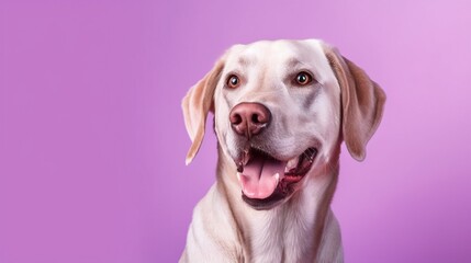 Portrait of a cute labrador retriever on a purple background.Generative Ai