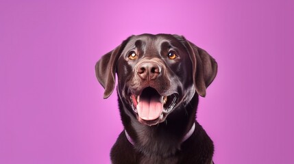 Fototapeta premium Portrait of a cute labrador retriever on a purple background.Generative Ai