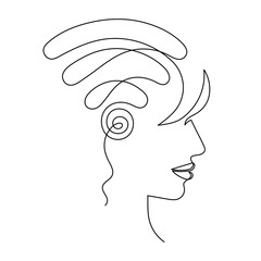 WI-FI signal and woman face one line art,hand drawn internet hotspot in girl head,access point continuous contour.Free zone wireless online concept,template outline.Editable stroke.Isolated.Vector