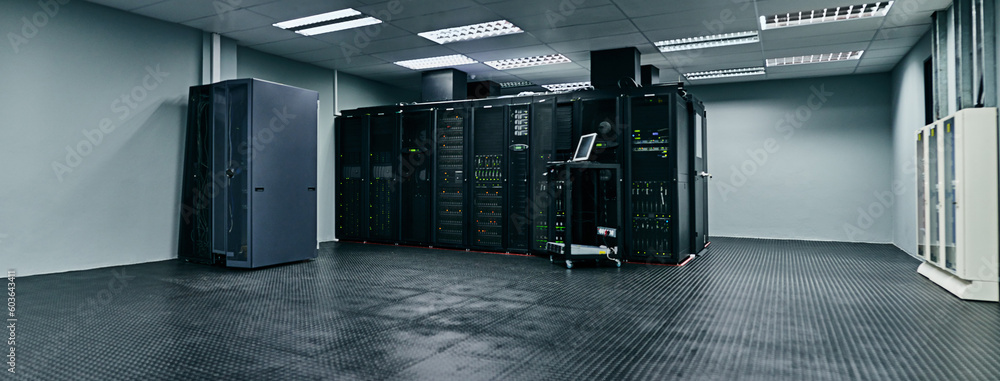 Poster server room, empty or data center for internet connection, computing network or cyber security hardw
