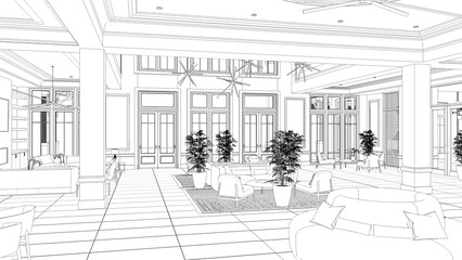 large and spacious interior of the lobby in the hotel, sketch, outline illustration, cg render