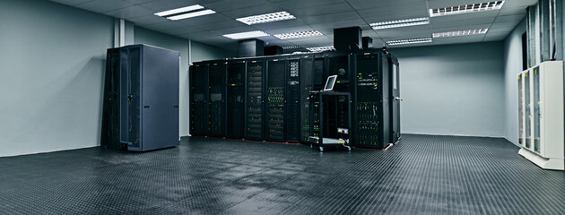 Server room, empty or data center for internet connection, computing network or cyber security...