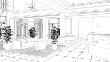large and spacious interior of the lobby in the hotel, sketch, outline illustration, cg render