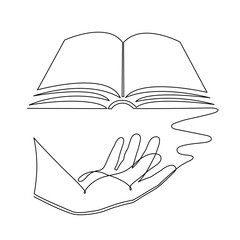 Hand with book one line art,hand drawn continuous contour.Minimalist design,simple decoration.Education studying learning concept, template outline.Editable stroke.Isolated.Vector illustration