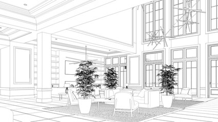 large and spacious interior of the lobby in the hotel, sketch, outline illustration, cg render