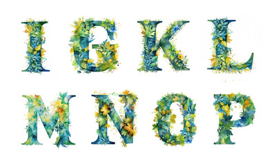 Naklejka premium Watercolor cute letters with colorful summer wildflowers and wild herb on a white background. Blue, yellow, green, colors. Сapital letters of the English alphabet: i, g, k, l, m, n, o, p. AI generated