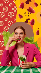 Contemporary art collage. Emotional young woman in bright pink jacket eating green beans from fries packaging over abstract background. Creative colorful design. Concept of food pop art, inspiration.