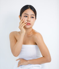 Isolated cutout studio shot millennial Asian beautiful pretty sexy female model in tube cropped top...