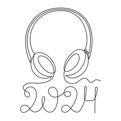 Headphone and 2024 one line art,hand drawn device gadget continuous contour.Listening festive New Year music wireless online concept,technology for audition holiday songs.Editable stroke.Isolated.