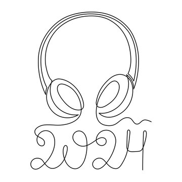 recommend clip art: Headphone and 2024 one line art,hand drawn device gadget continuous contour.Listening festive New Year music wireless online concept,technology for audition holiday songs.Editable stroke.Isolated.