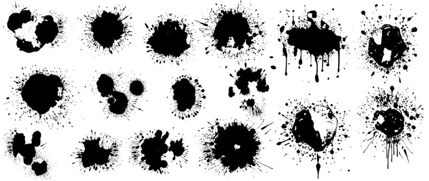 Black ink spots set on white background. Set of black splashes. Vector illustration