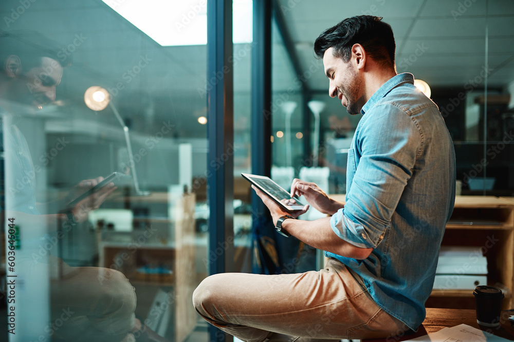 Sticker Business man, tablet and smile in office for planning, data update and internet research at window. Happy male employee, digital technology and online information for startup, insight and iot app