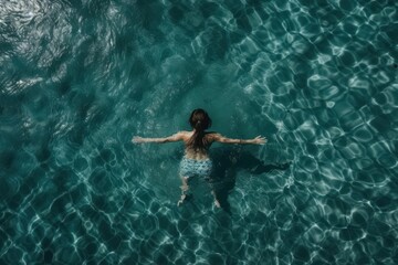 Mujer nadado en una piscina gigante, vista aérea. IA generativa, generativa, IA - obrazy, fototapety, plakaty