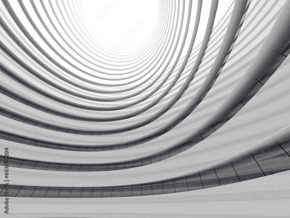 Aufkleber 3D render of futuristic architecture, Skyscraper building with curve glass window.