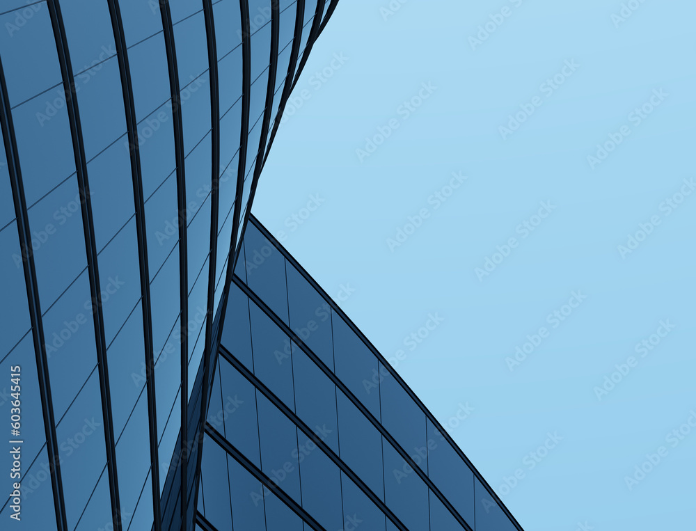 Poster 3D render of futuristic architecture, Skyscraper building with curve glass window.