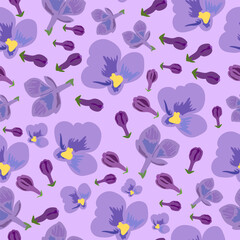 purple flowers and buds spring and summer seamless vector repeat pattern. Purple flowers with yellow pollen and buds seamless vector repeat pattern. 