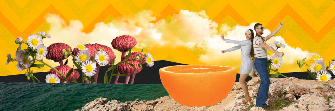 Contemporary art collage. Young man and woman standing ear giant orange and dancing over abstract background. Creative colorful design. Concept of pop art, fashion, inspiration, healthy lifestyle - Powered by Adobe