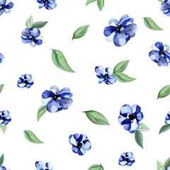 Watercolor seamless pattern of gentle blue flowers with green leaves on white background.