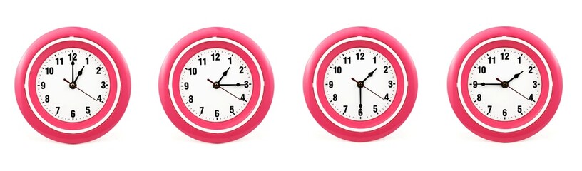 close up of a set of red wall clocks showing the time; 1, 1.15, 1.30 and 1.45 p.m or a.m. Isolated on white background - obrazy, fototapety, plakaty