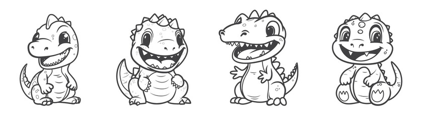 Fototapeta premium Little cute happy dinos set. Collection of Kids dinosaurs for coloring book. Illustration on transparent background