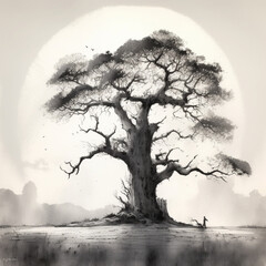 Ink wash painting of a giant tree