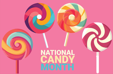colorful candy lollipops with boldtext isolated on pink background to commemorate national candy month