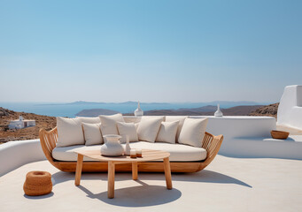 Fototapeta na wymiar Rustic lounge sofa and coffee table on white stone terrace. Traditional mediterranean architecture. Summer background with sea view. Created with generative Ai
